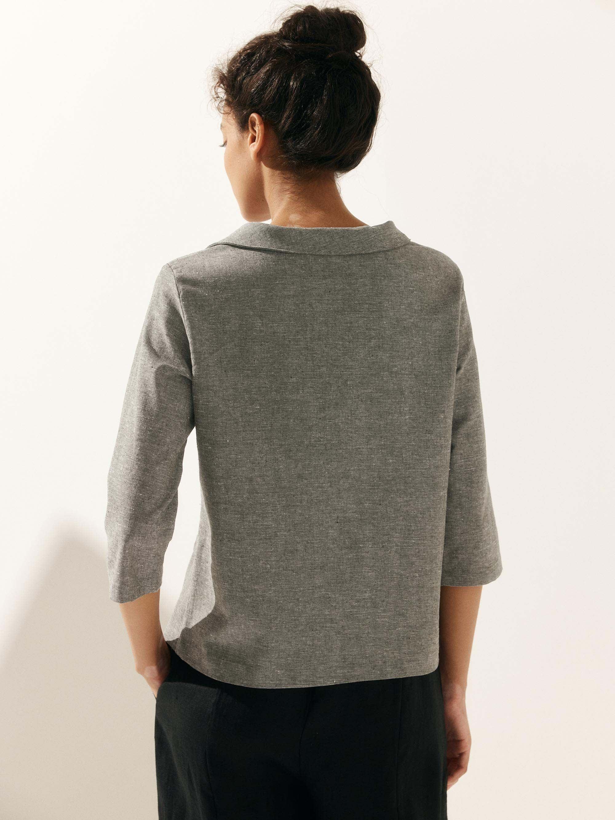 Linen Gingham Checked Round Soft-Fold Collar Top LAURA