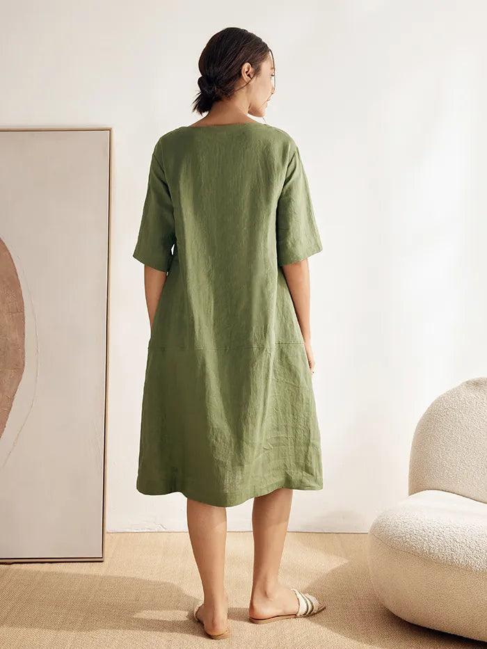 100% Linen Mid-Sleeve Maxi Dress
