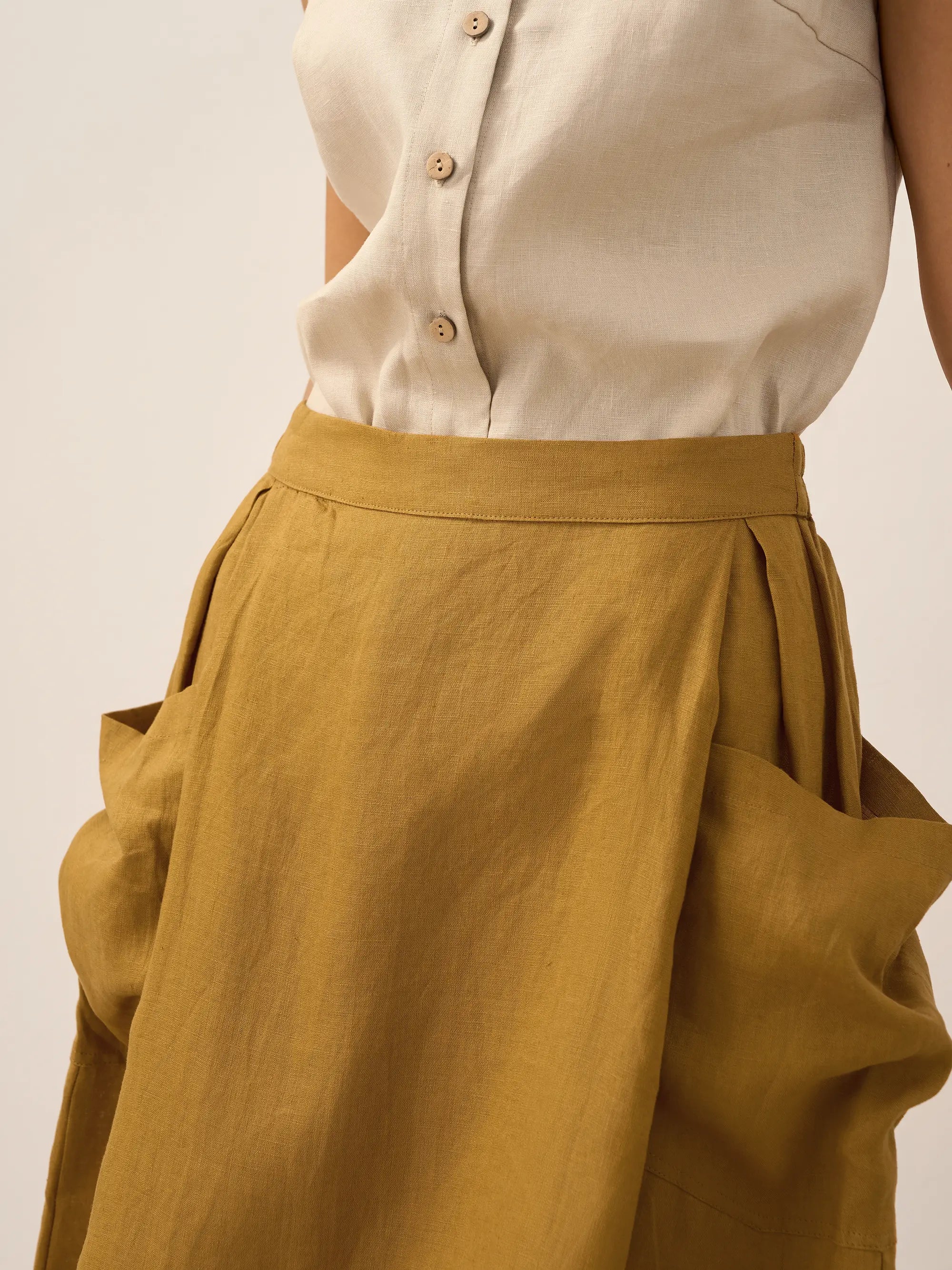 Linen Checked Elastic Waist Skirt ONYX