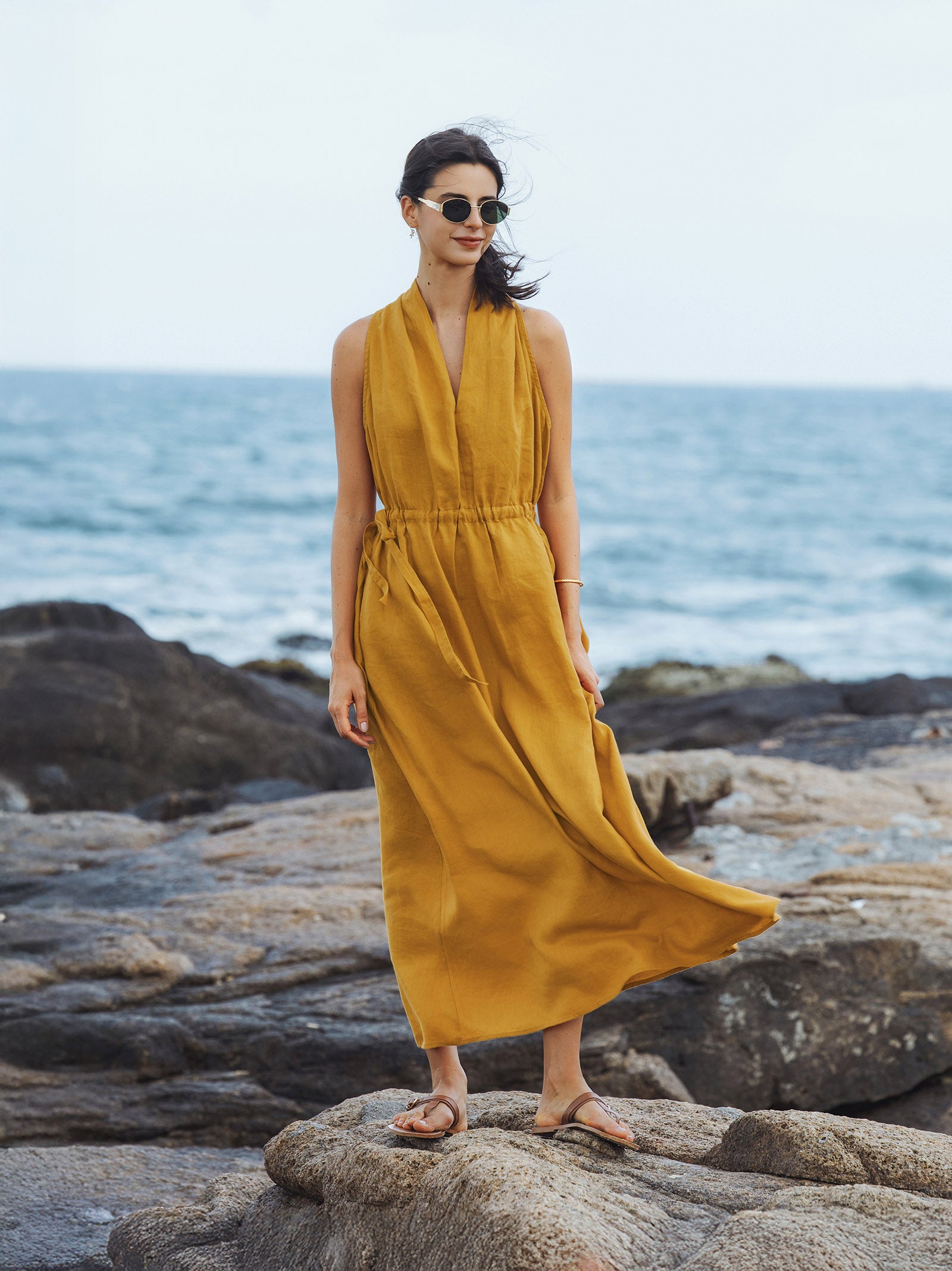 100% Linen V-Neck Halter Maxi Dress BETH