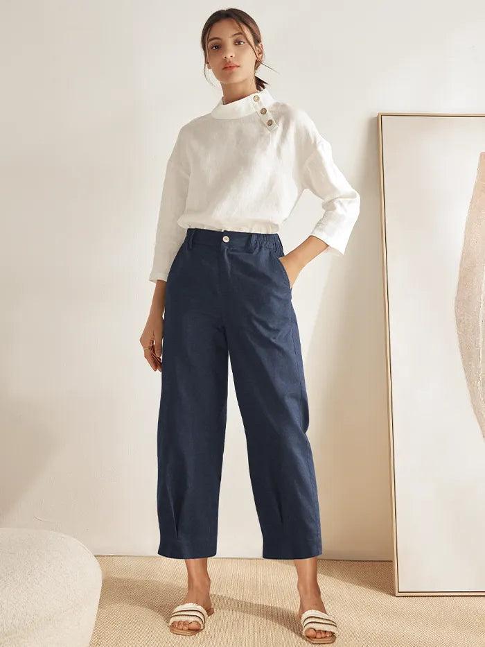 Linen Pocketed Straight-Leg Ankle Pants NINA