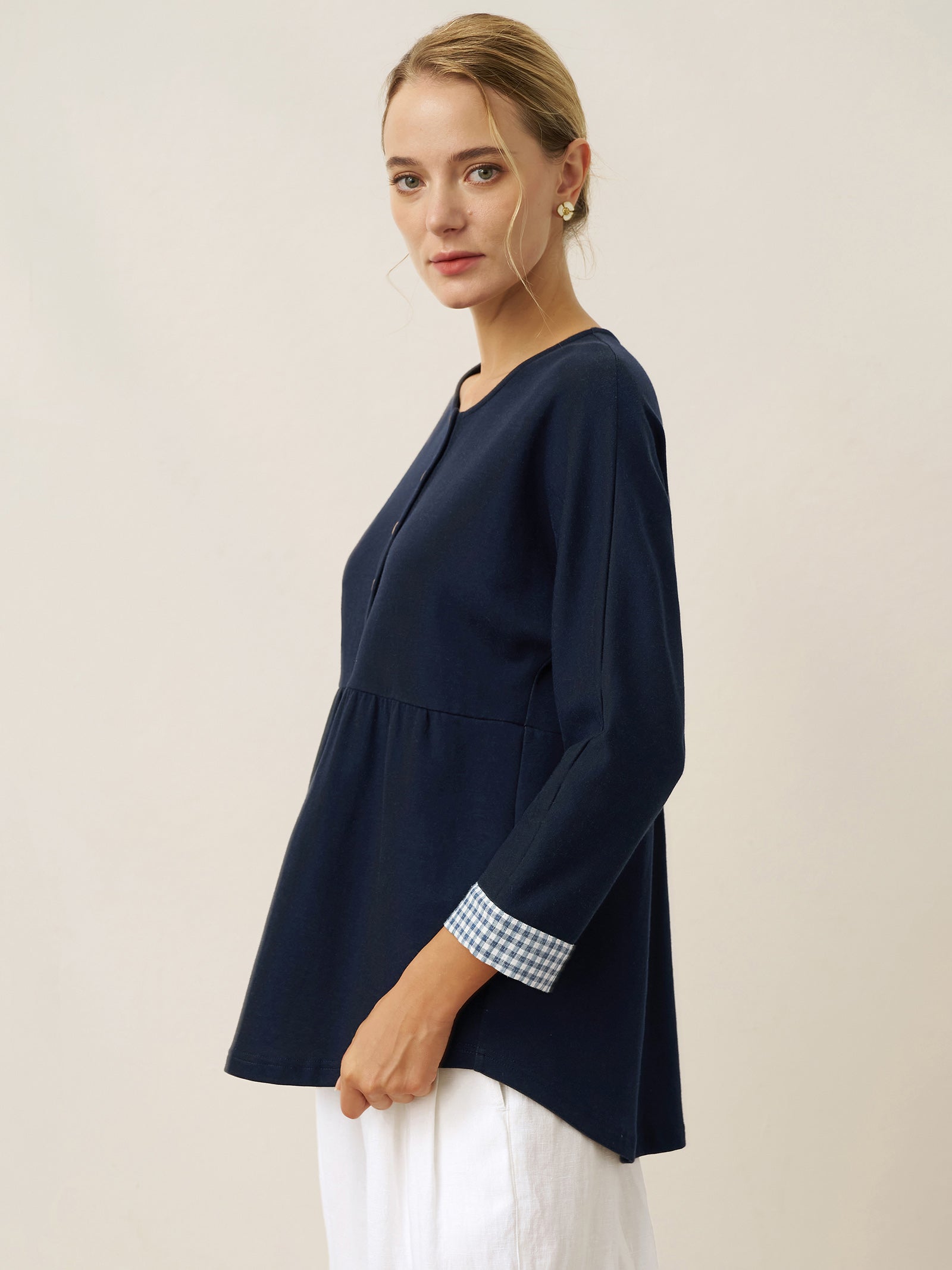 Cotton Patchwork Cuff Button Decor Top AUDREY