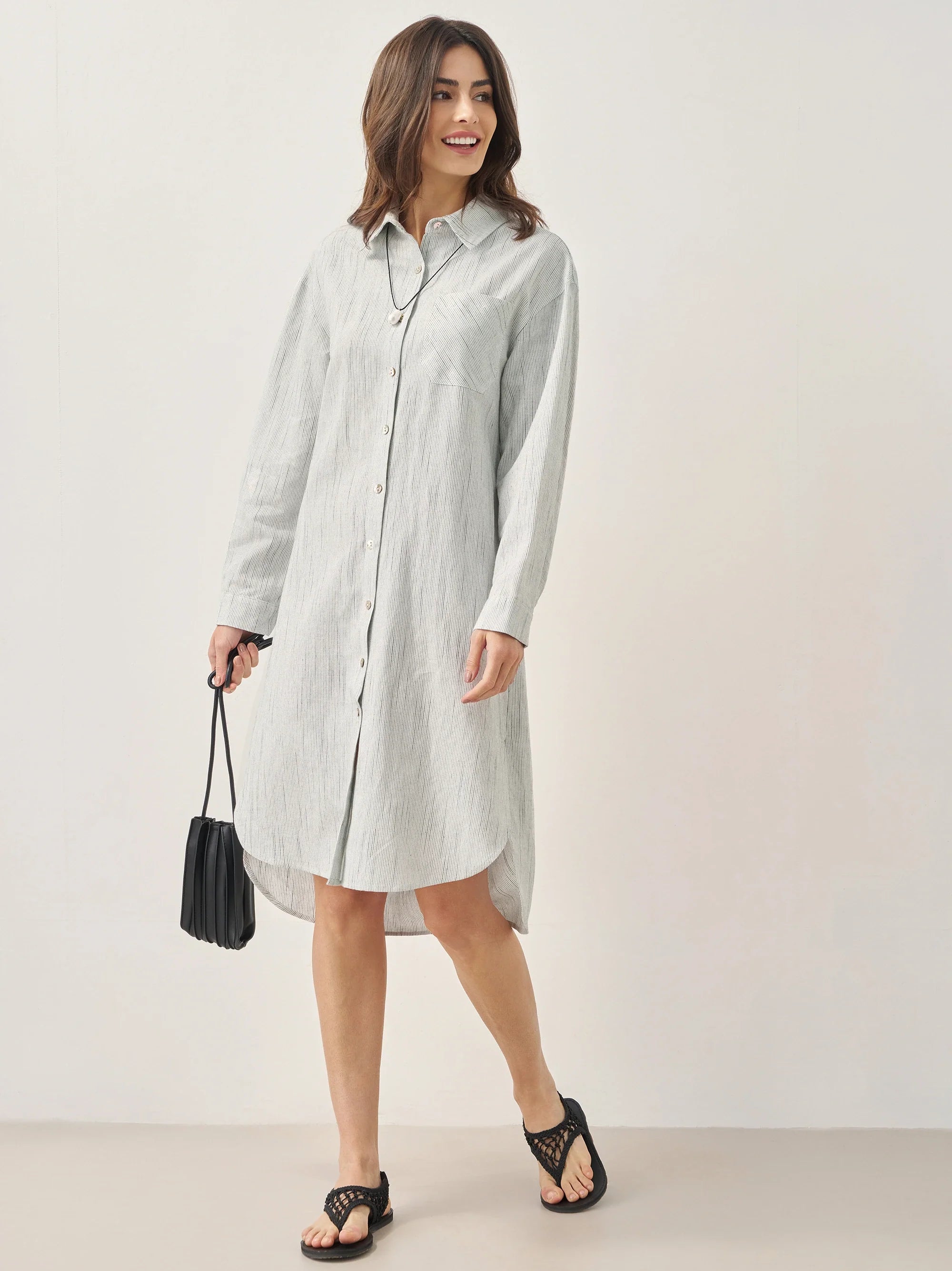 Linen Button-Front Artistic Stripe Shirt Dress JULIA