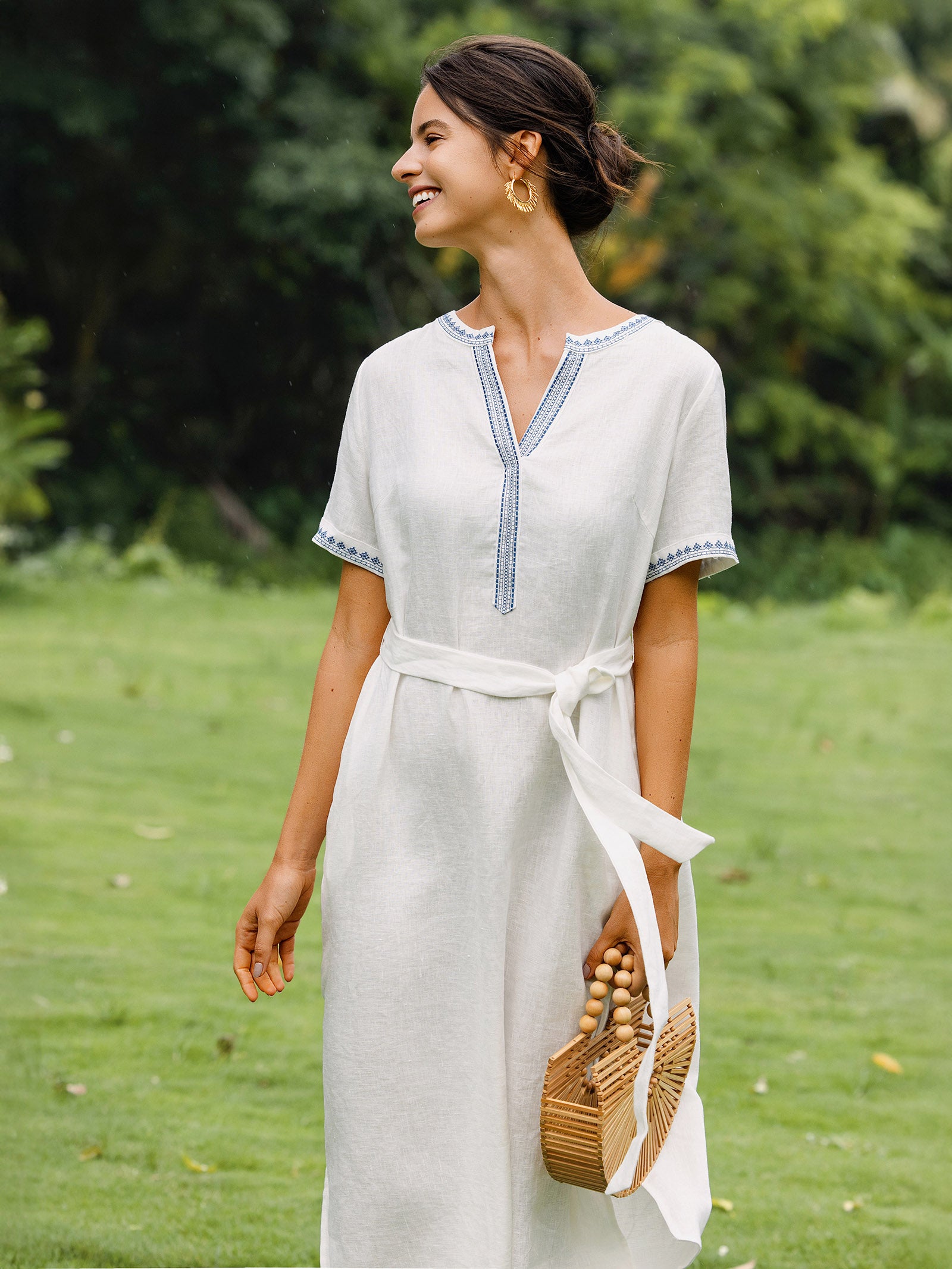100% Linen Embroidered V-Neck Midi Dress with Belt FELLIS