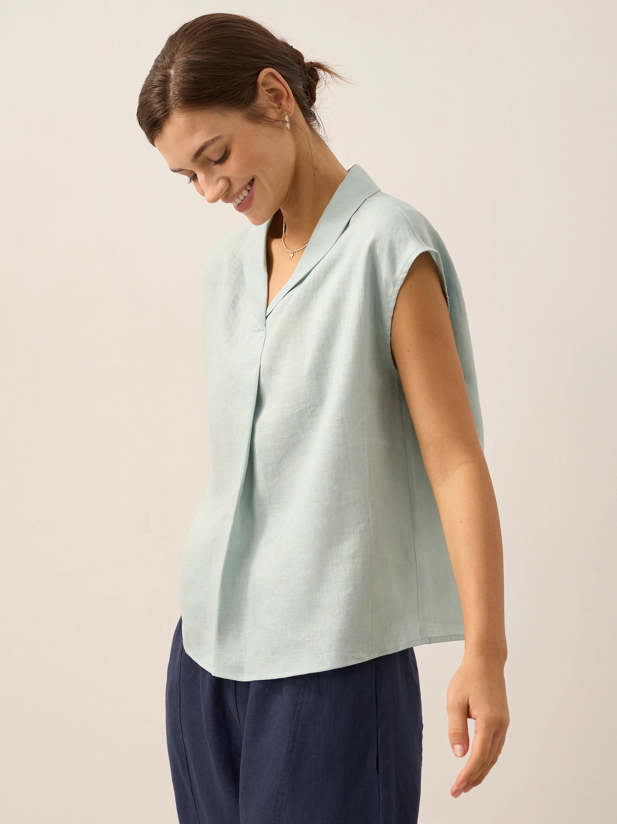100% Linen Shawl V-Neck Cap Sleeves Top ELARA