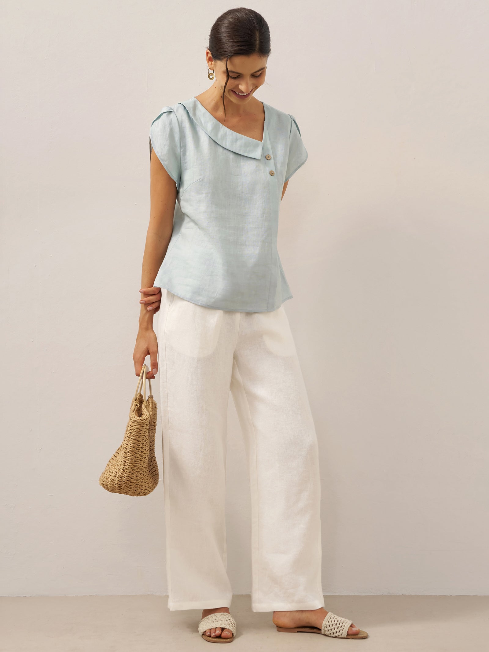 100% Linen Crescent Collar Flutter Sleeve Top FARA