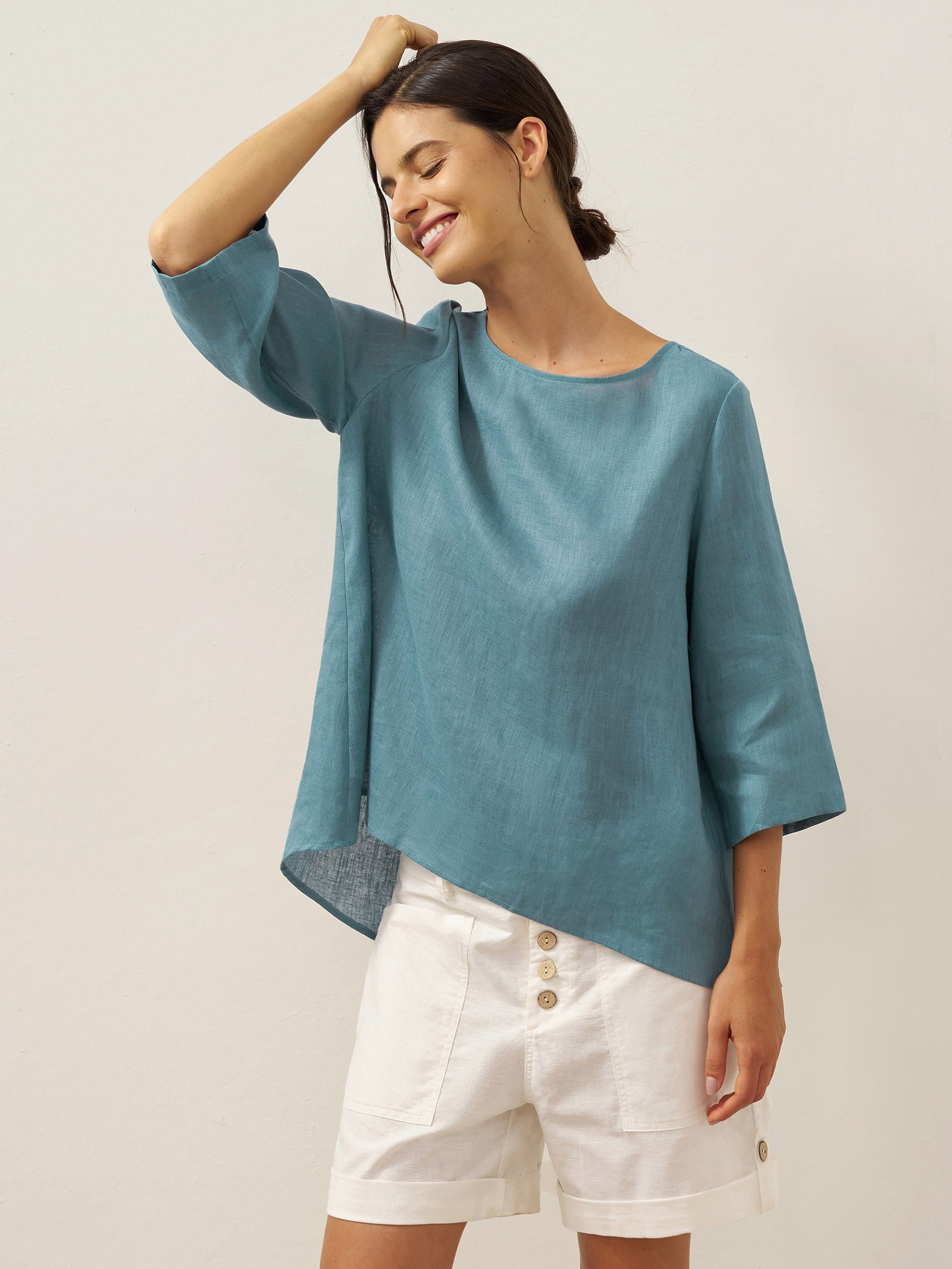 100% Linen Round Neck Asymmetrical Hem Top BRIANNA