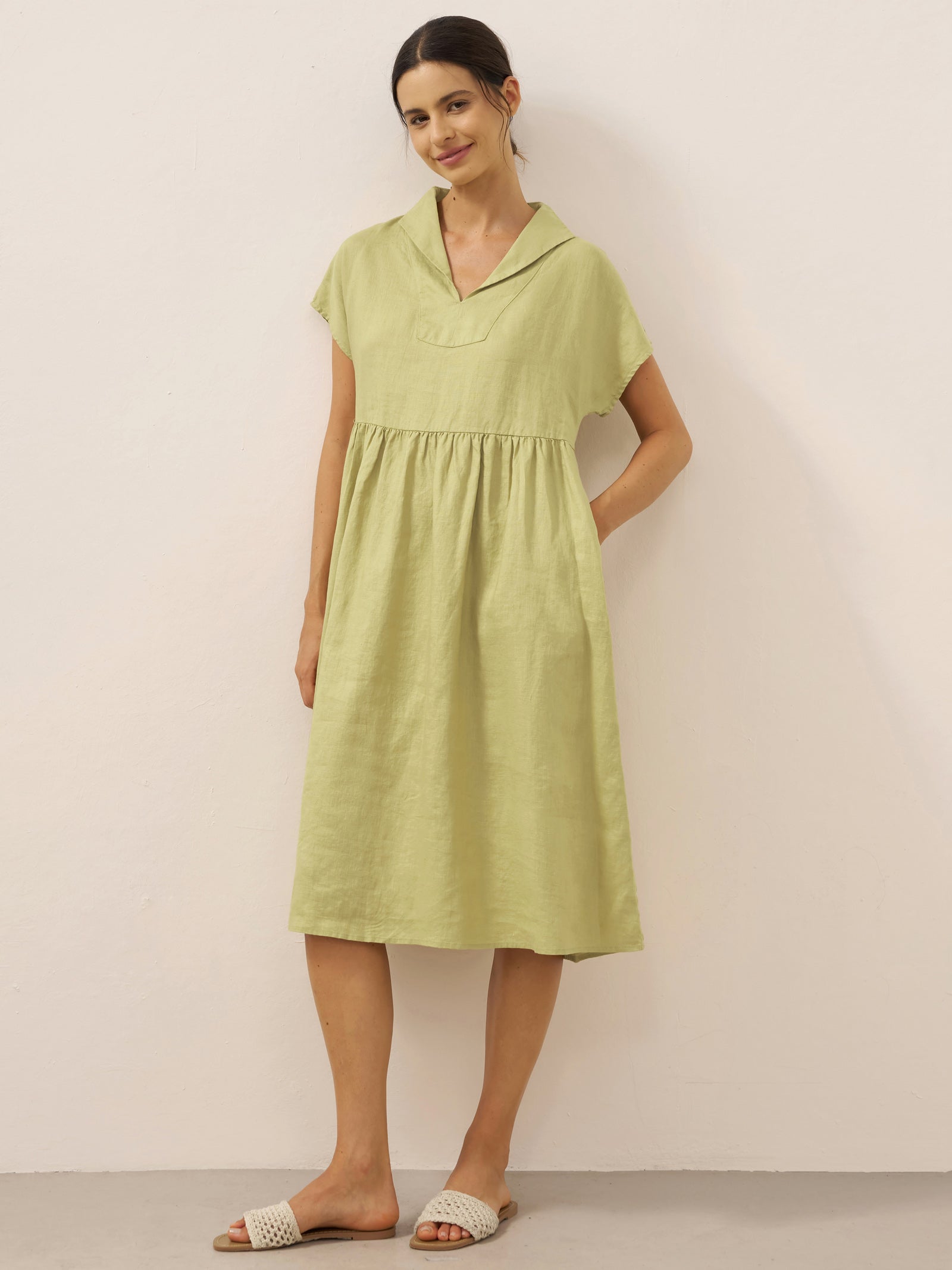 100% Linen Collared Pleated Waist A-Line Midi Dress SAGE