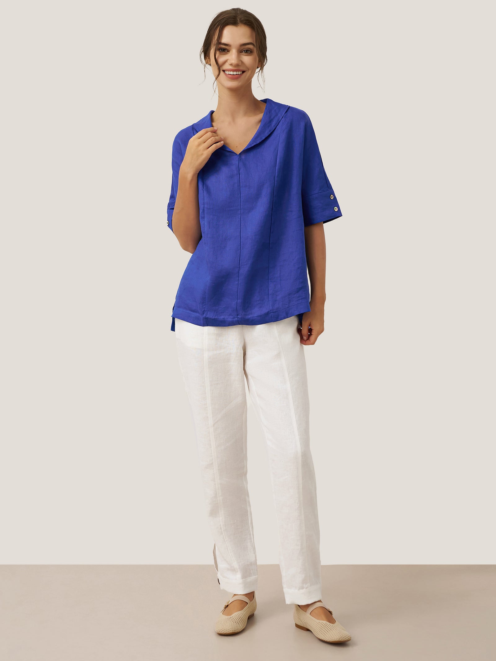 100% Linen V-Neck Short Sleeve Shirt