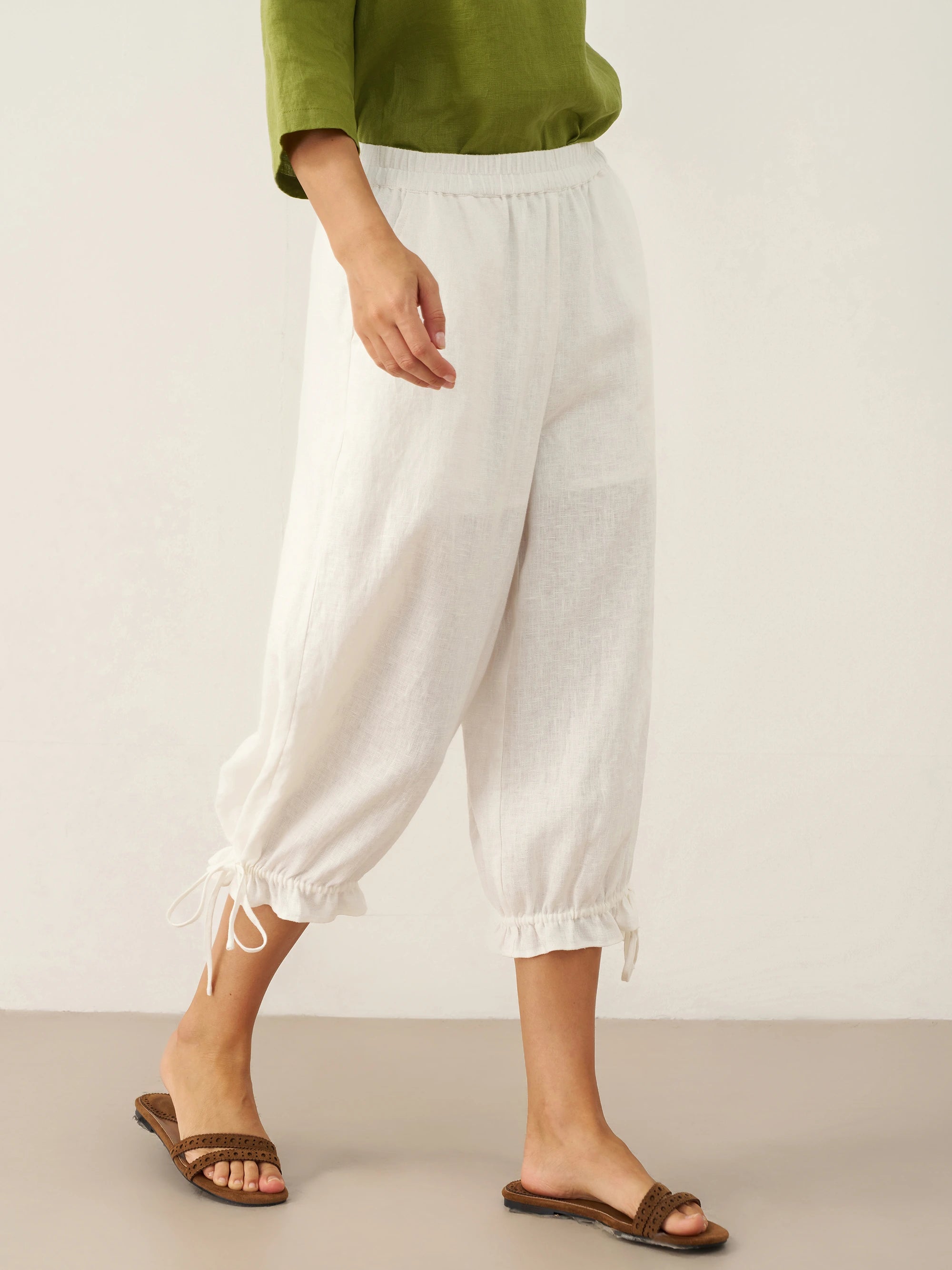 100% Linen Elastic Waist Ruffled Cuff Pants RUBY