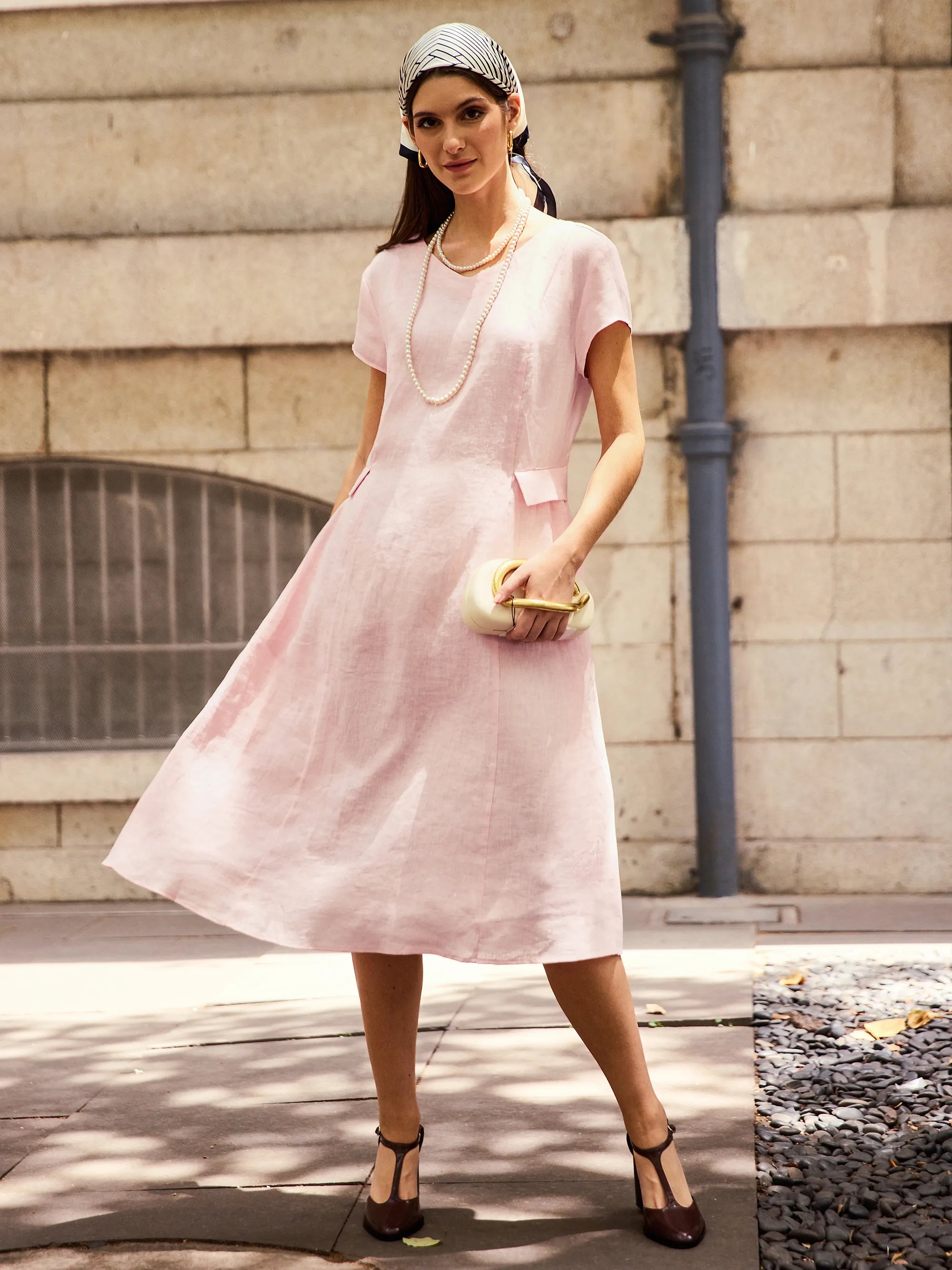 100% Linen Natural Summer V-Neck Dress ALEXA