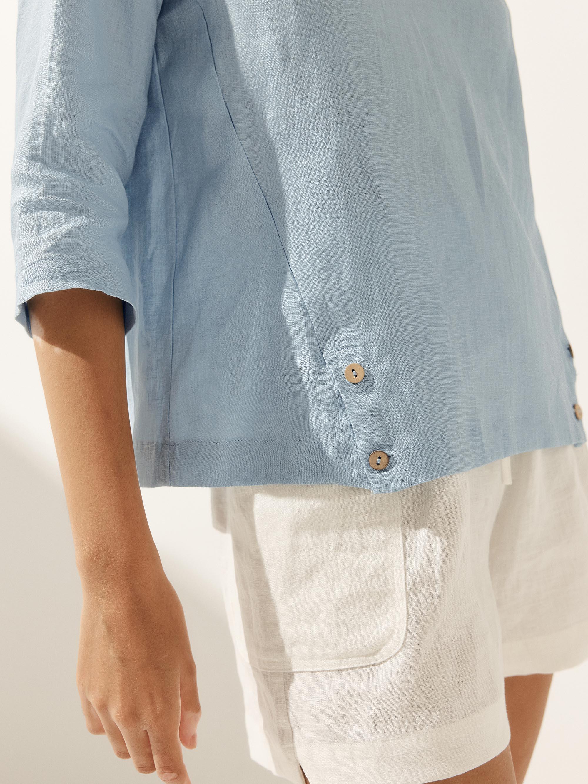 Linen Gingham Checked Round Soft-Fold Collar Top LAURA