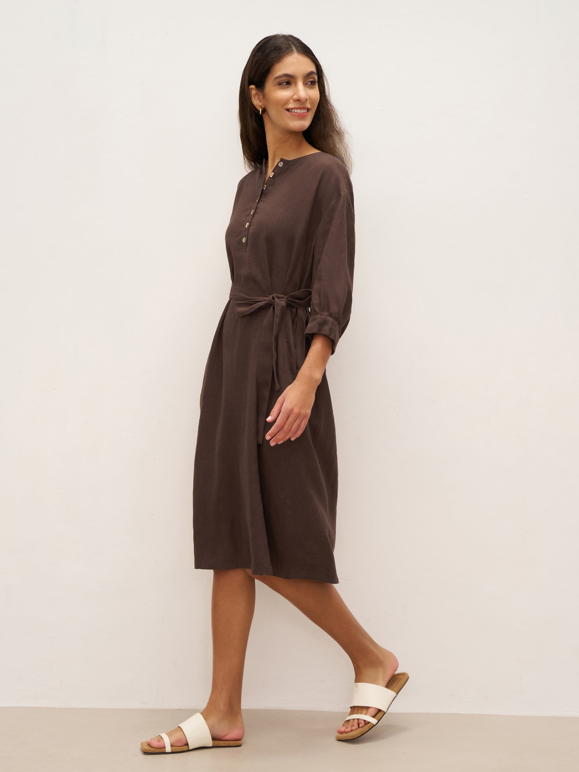 100% Linen Button Detail Midi Dress with Detachable Belt EIRA