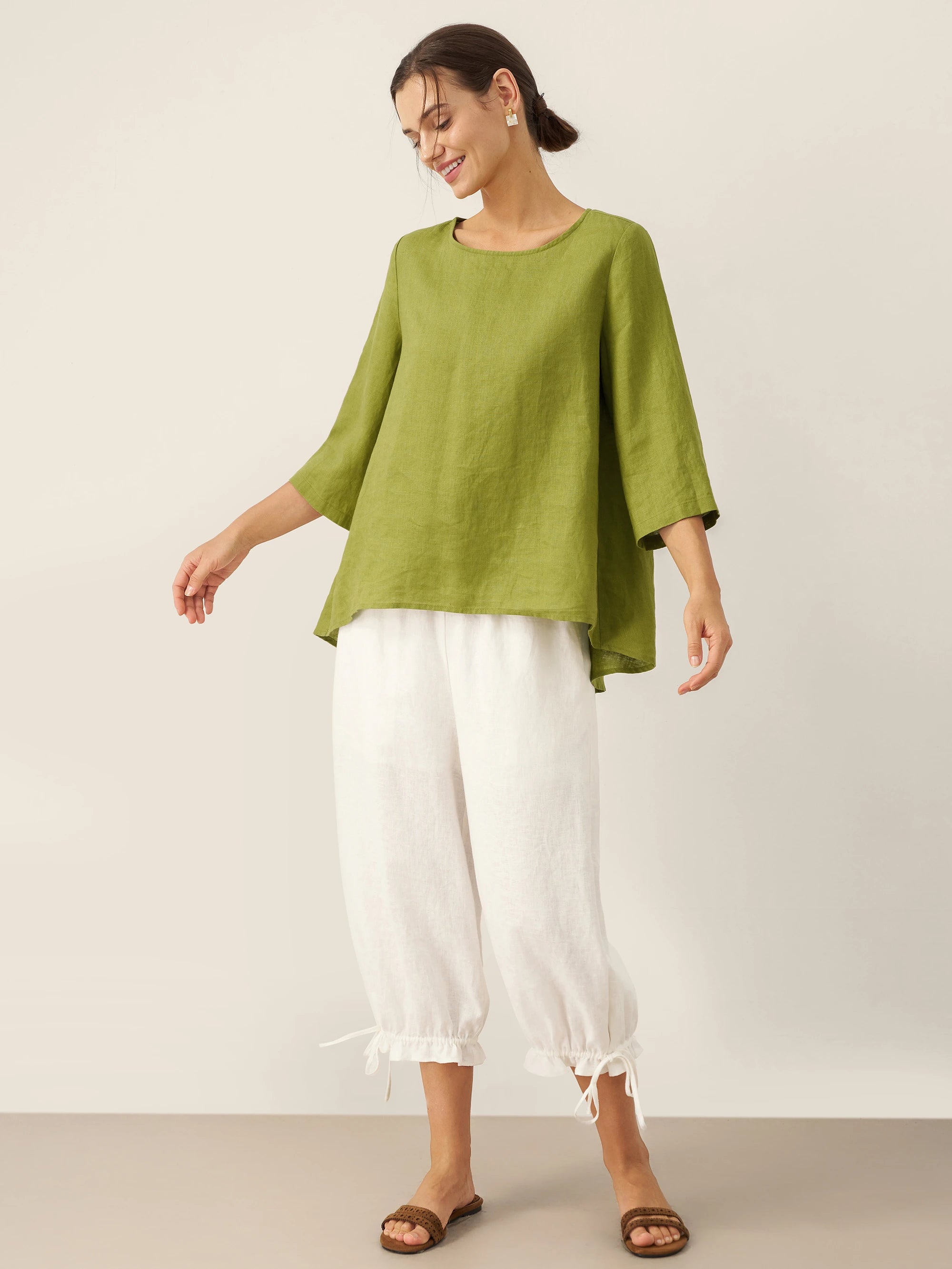 100% Linen Round Neck Asymmetrical Hem Top BRIANNA
