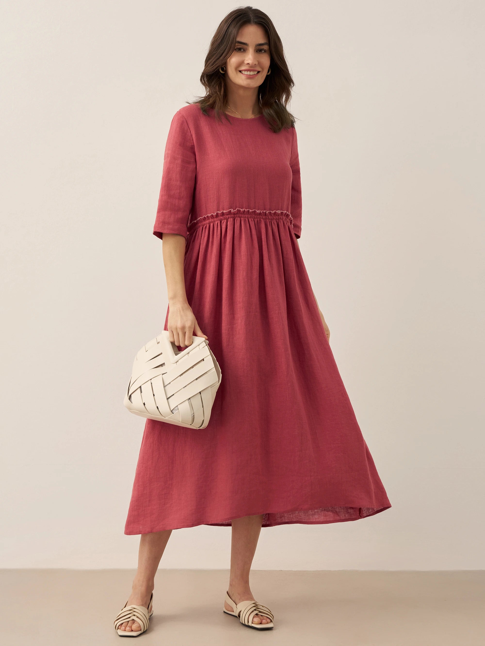 100% Linen Petal-Waist Drawstring Midi Dress JASMINE