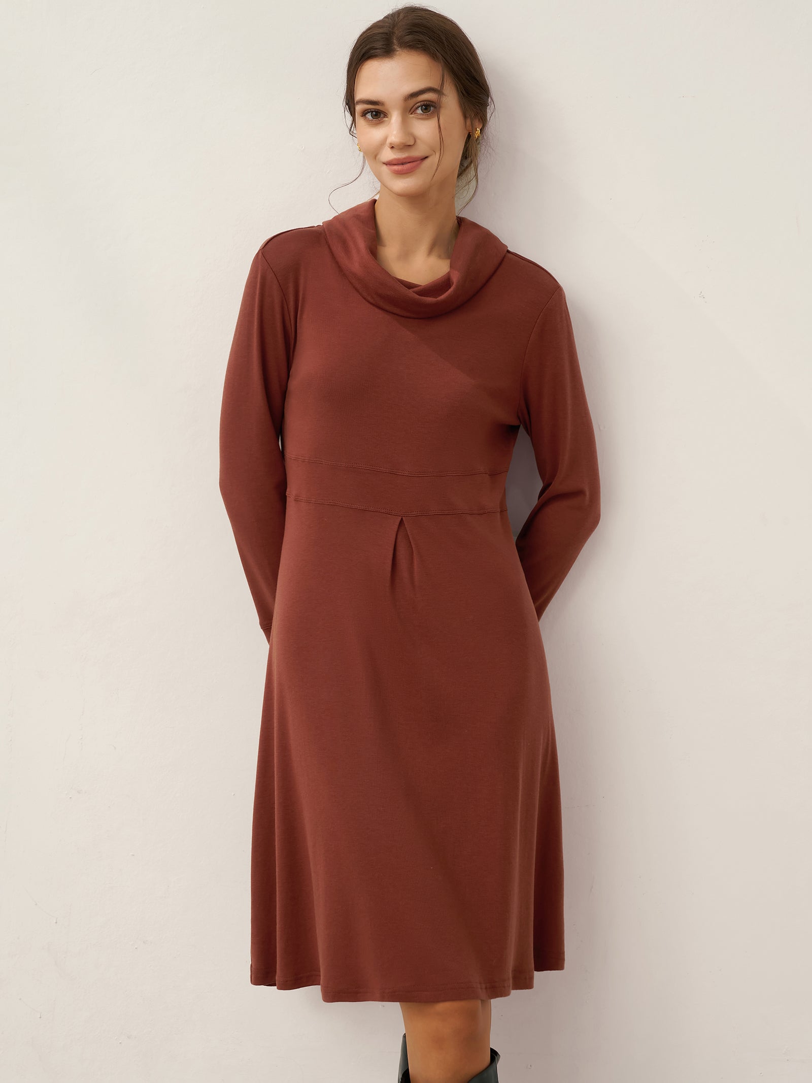 Tencel Wool Draped Neck Stretch Midi Dress KIRA