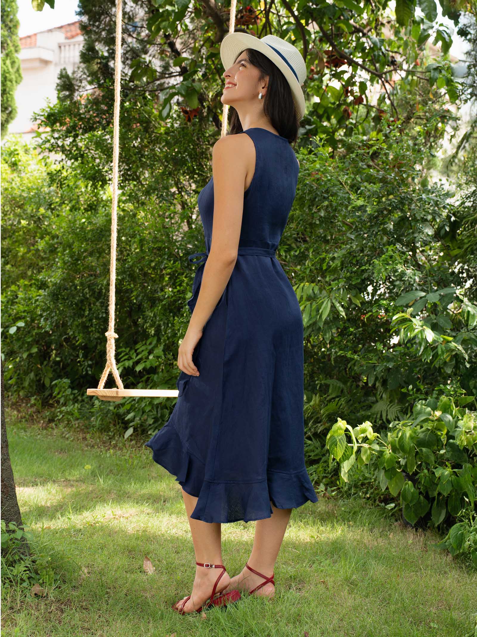 100% Linen V-Neck One-Piece Ruffle Hem Maxi Dress MAYA