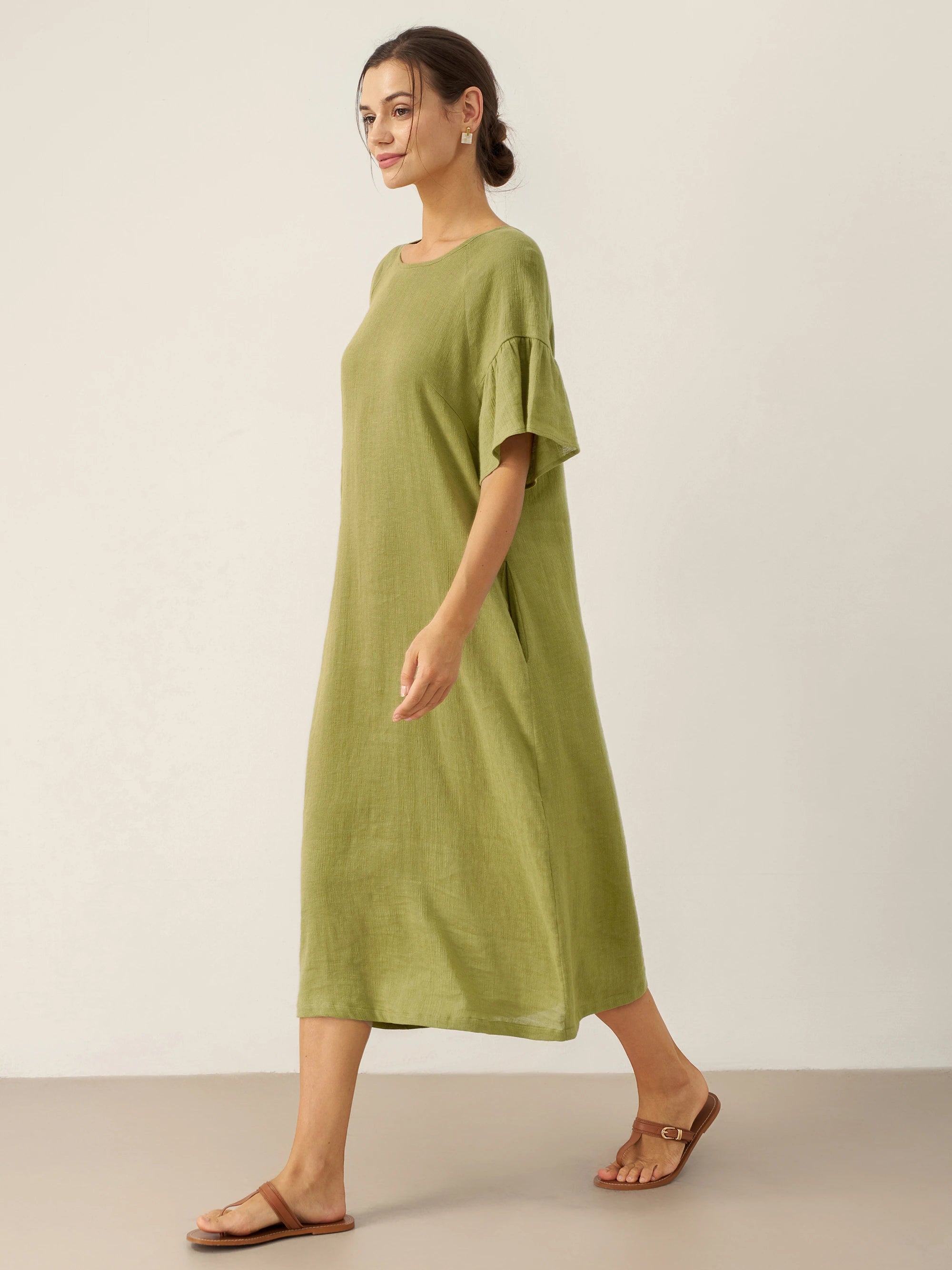 Linen Round Neck Flutter Sleeve Maxi Dress WINNIE