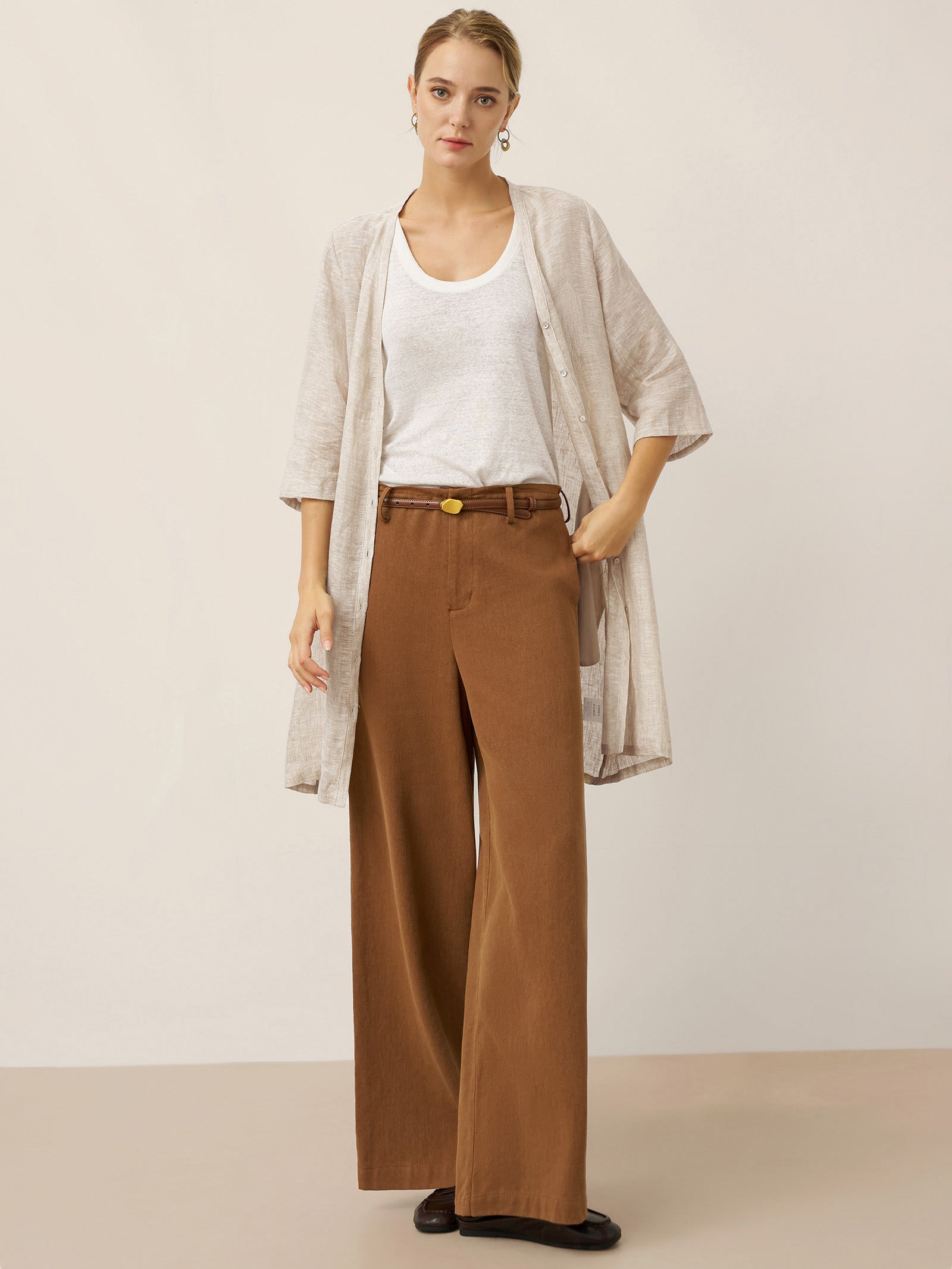 100% Linen Button Front Three-Quarter Sleeve Top PEYTON