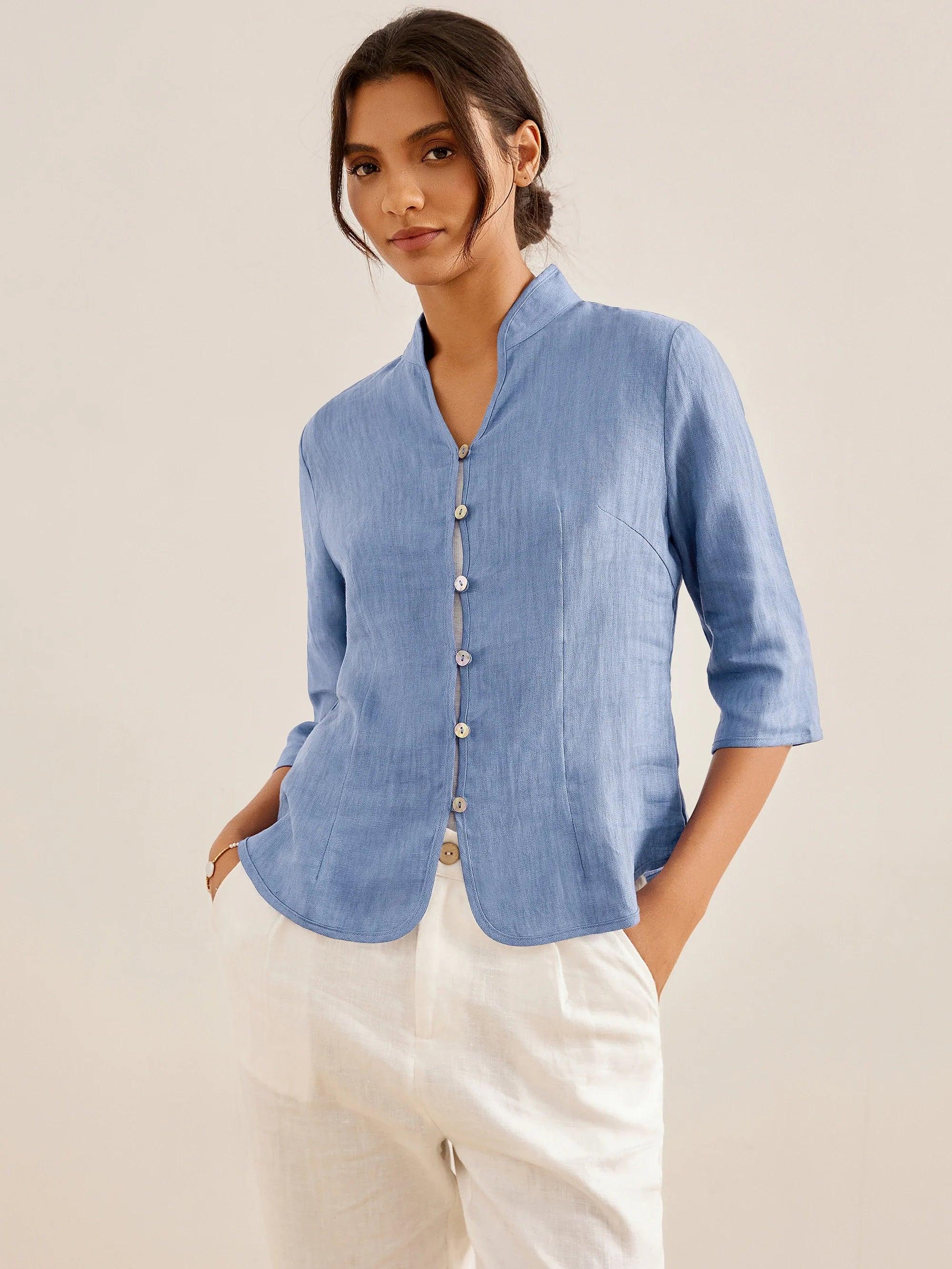 100% Linen Hand Button Fitted Jacket AMELIA