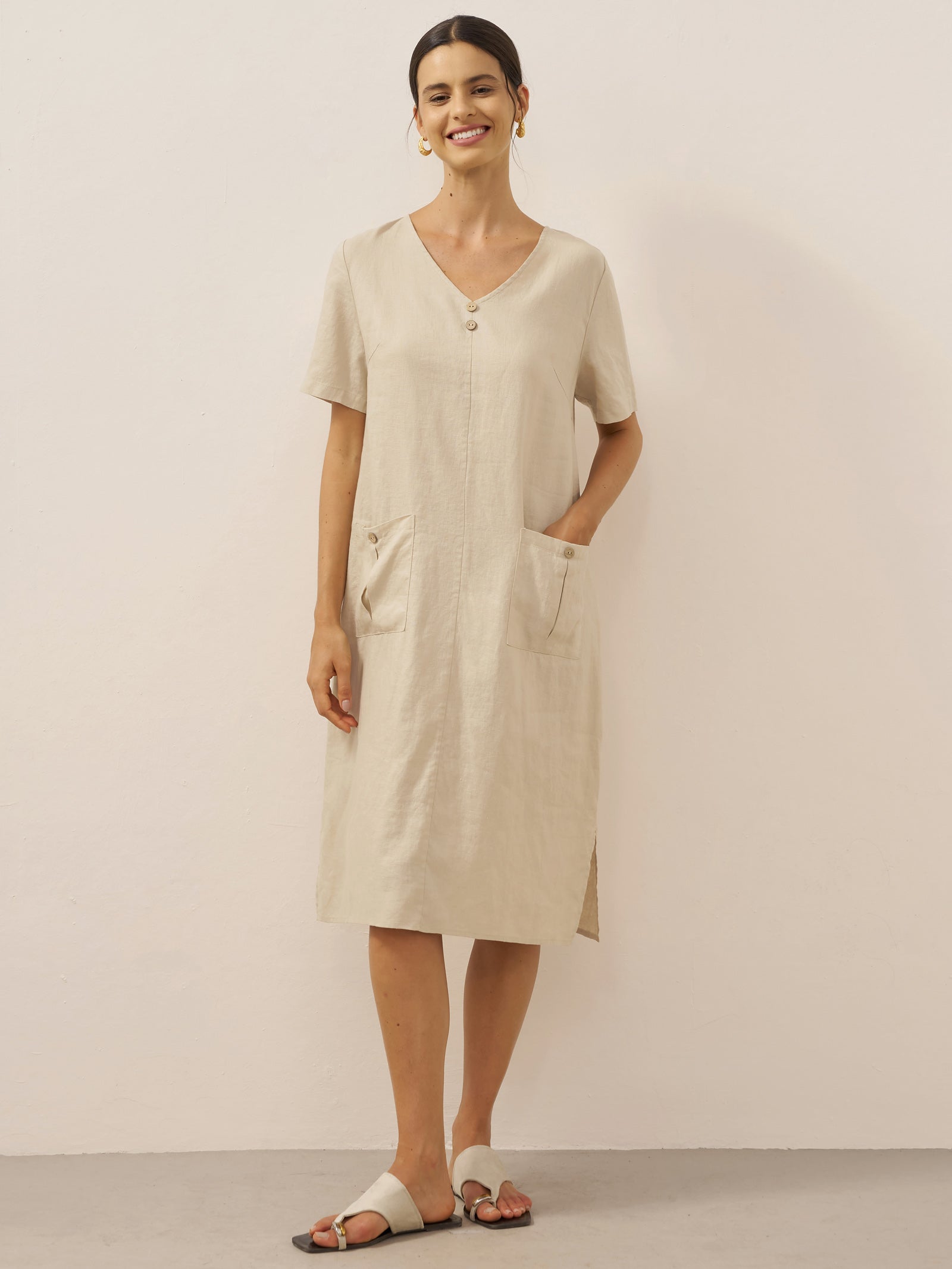 100% Linen Button Front V-Neck Midi Dress NOA