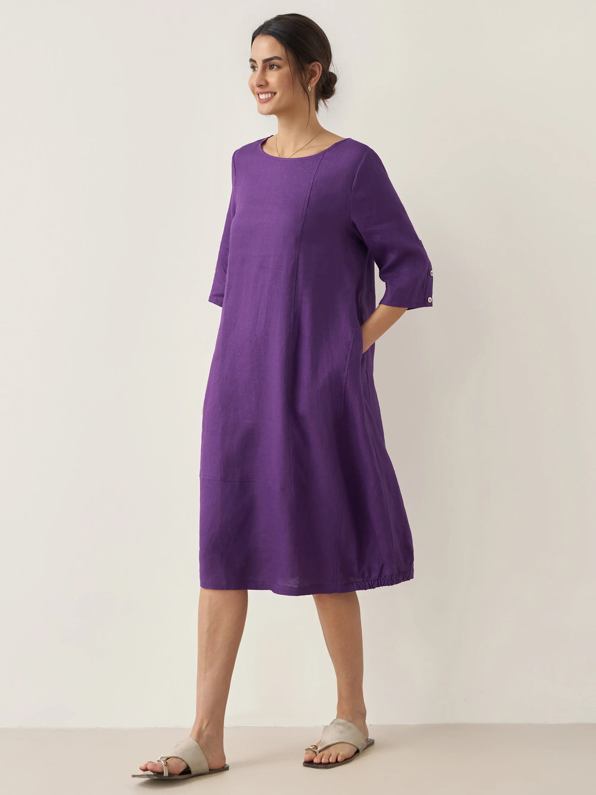 100% Linen Collarless Mid-Length Dress