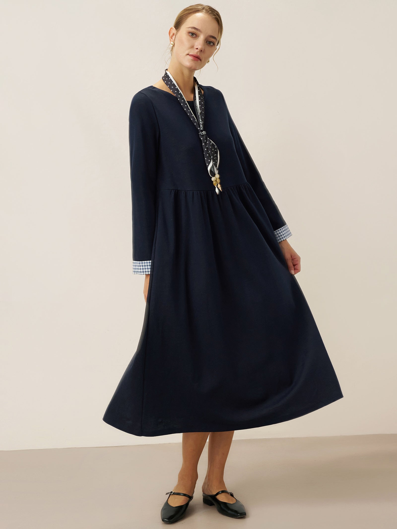 Cotton Patchwork Cuff Crew Neck Casual Maxi Dress SCARLETT