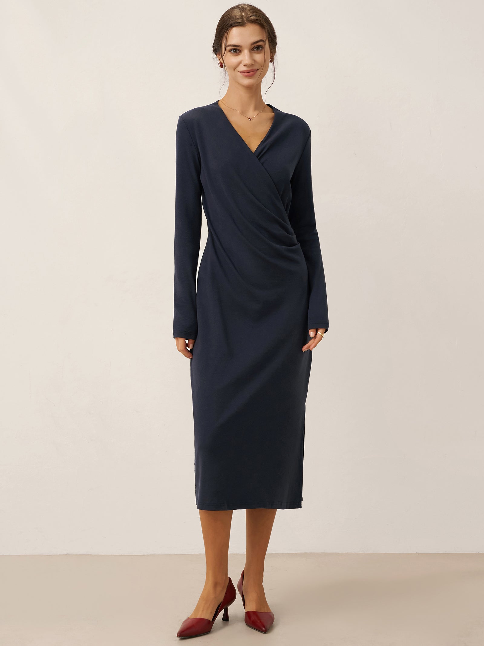 Linen Crossover V-Neck Wrap Stretch Midi Dress MARNIE