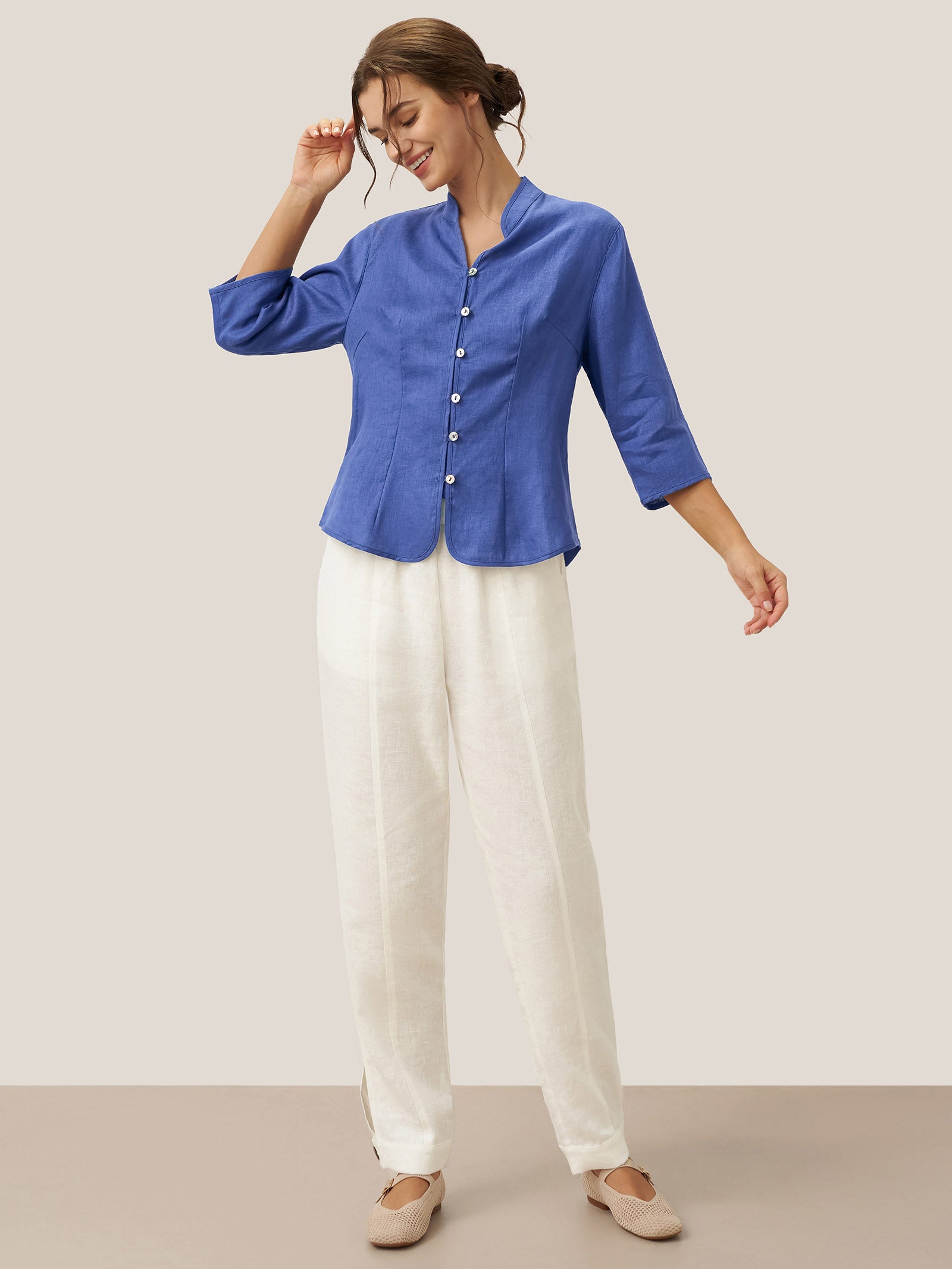 100% Linen Hand Button Fitted Jacket AMELIA